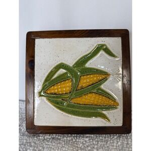Vintage Ceramic Corn Tile Trivet Wood Frame Mid Century Modern Kitchen Decor